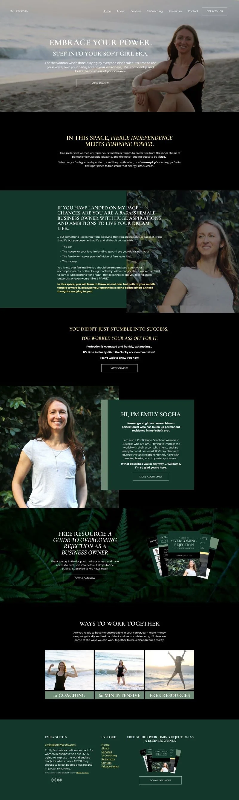Holistic website homepage for Emily Socha featuring images of a Emily smiling on the beach, sections with text about empowerment, success, coaching services, and a free resource guide, with green and dark background themes.