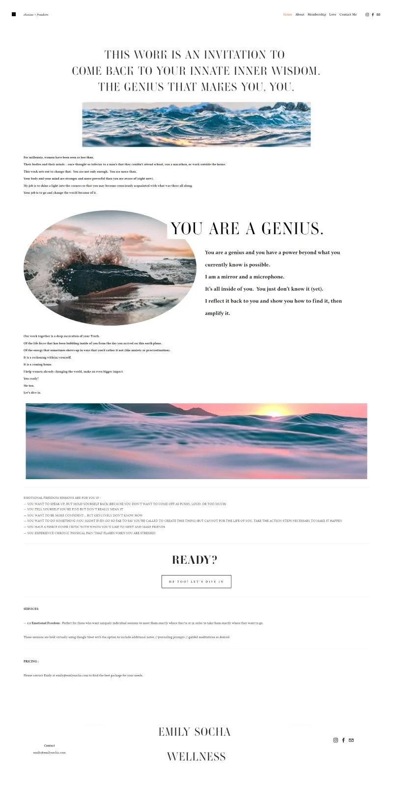 Screenshot of Emily's website homepage before it was redesigned by Freya. It has a plain white background, oversized photos and difficult navigation.