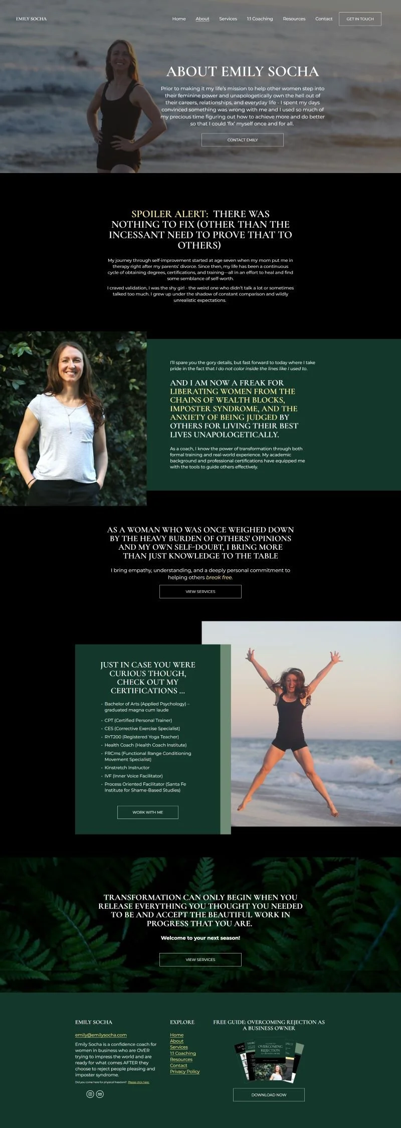 A redesigned webpage from Emily Socha's new website. The webpage content describes Emily Socha, a confidence coach for women, with sections about her services, certifications, and a motivational message about transformation and self-acceptance.