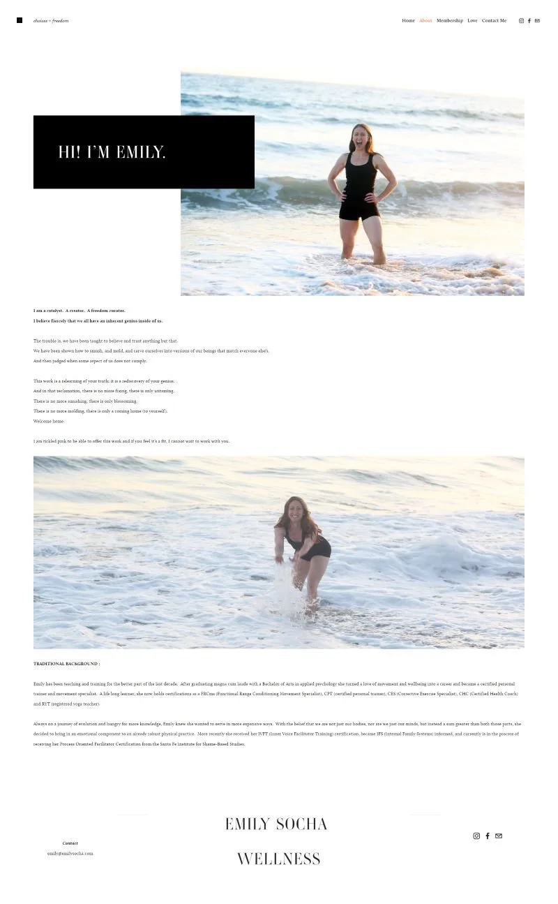 Screenshot of Emily's website before it was redesigned. The website has oversized photos and misaligned text.