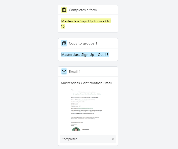 Screenshot of mailerlite automation so that when someone signs up via the form, they are tagged in a group and sent a masterclass confirmation email