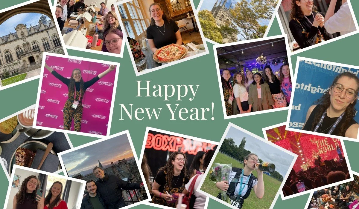 A collage of photos from Freya's 2025, including being at a conference, coworking and running a marathon.