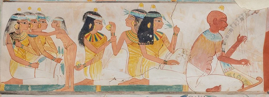 Painting of banqueters and a harpist in the ancient Egyptian tomb of Nakht.