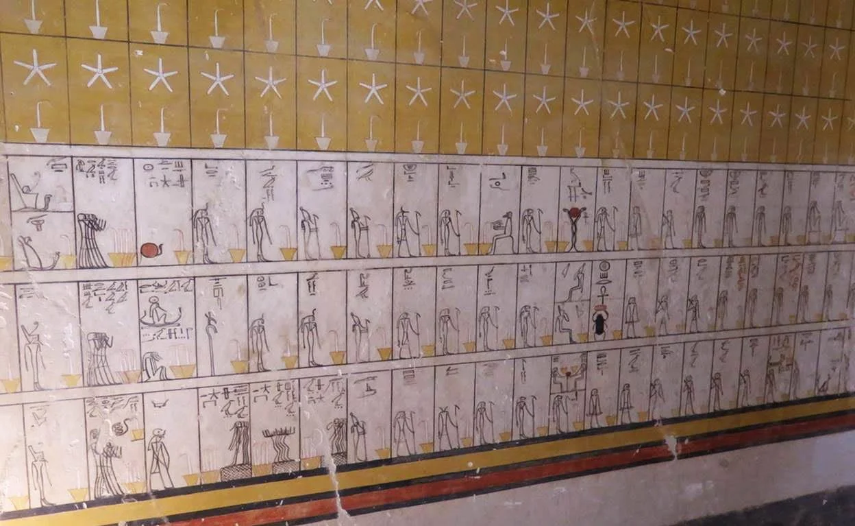 Ancient Egyptian tomb paintings with a series of rectangles containing images of gods and goddesses.