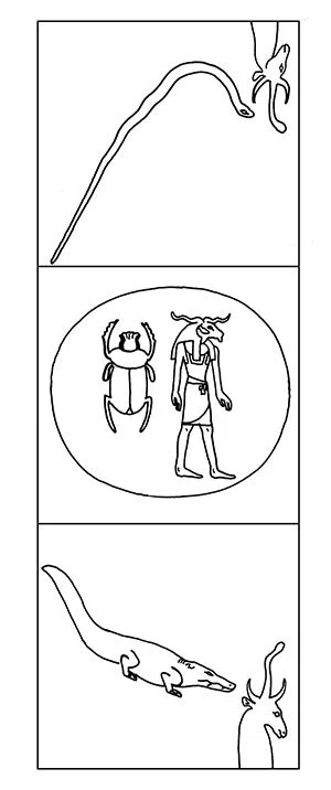 Drawing of a sun disk with ram-headed man and scarab inside. A serpent and a crocodile come out from the disk.