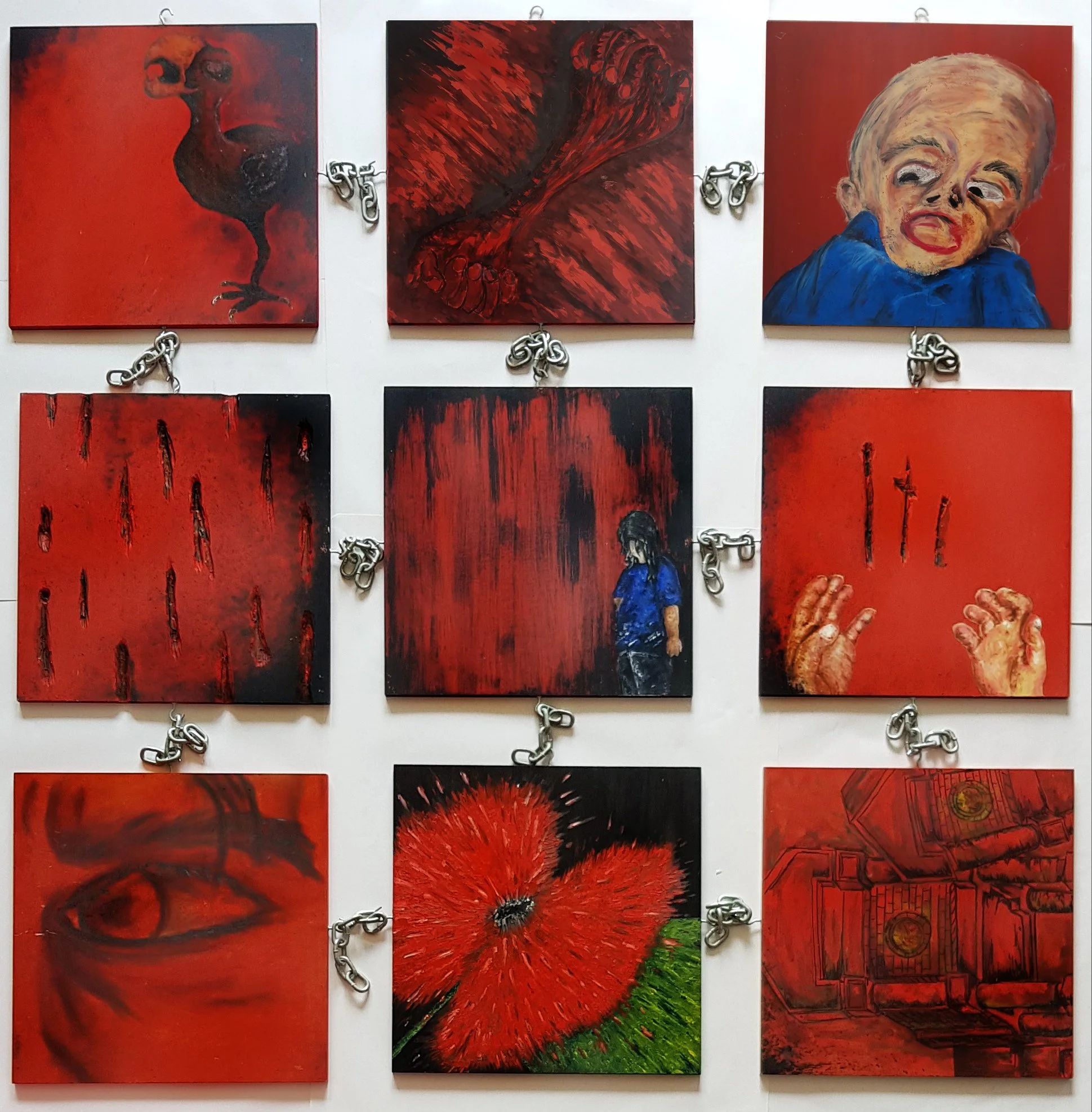 Polyptych Consequences of War. Mixed medium on MDF. Each panel measures 400mm (w) x 400mm (h) x 16mm (d). Commission.