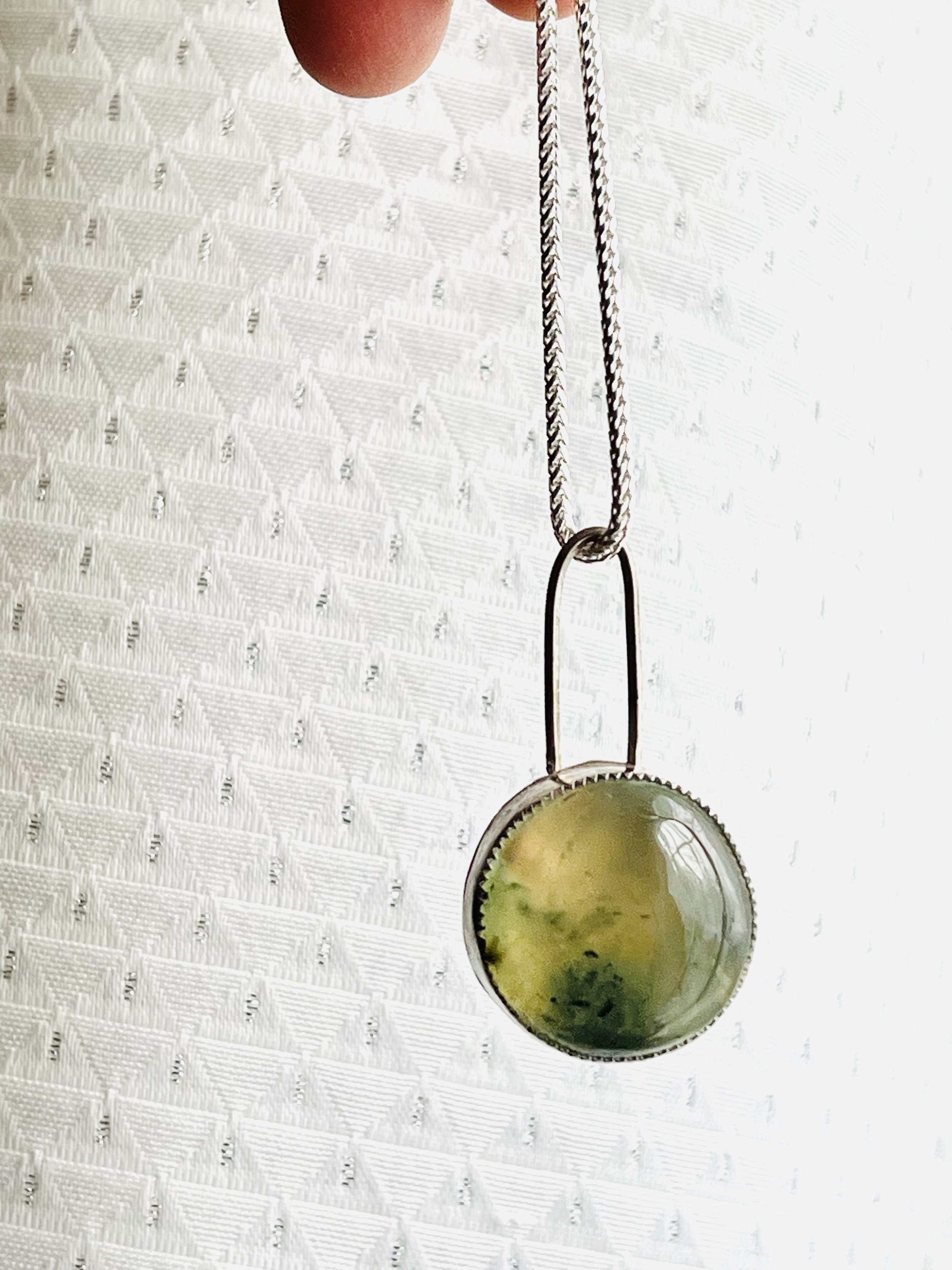 Prehnite in 925 Silver + Copper Accent Moon Pendant