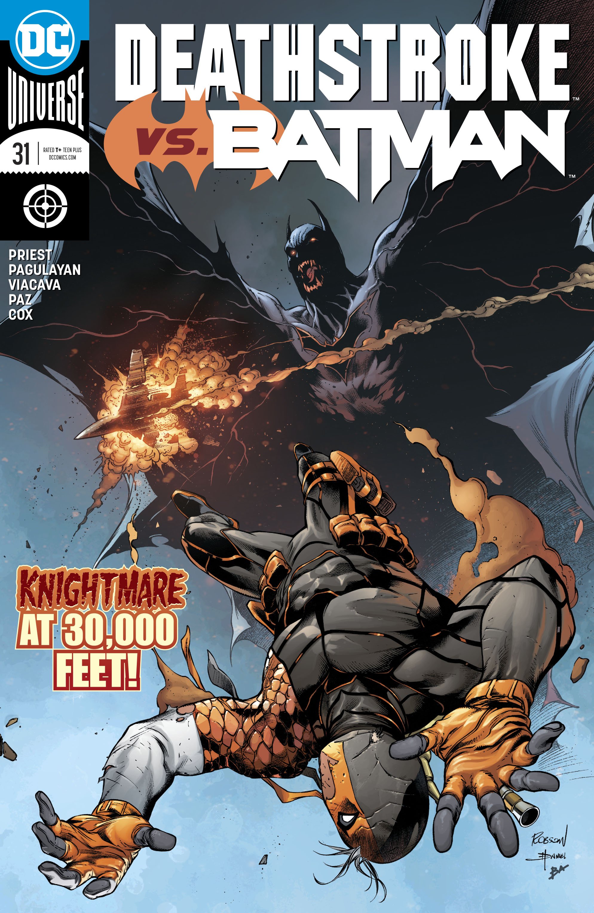 Deathstroke vs Batman #31 Cover Pencils: Robson Rocha Inks: Daniel Henriques Colors: Brad Anderson.