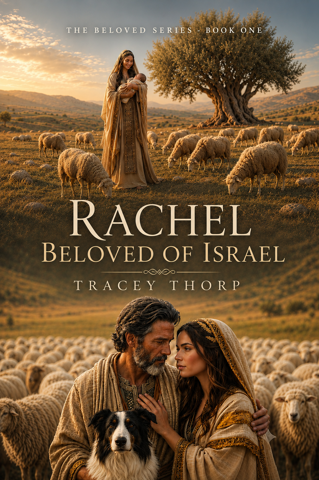 Book cover titled 'Rachel Beloved of Israel' by Tracey Thorp. The cover depicts a woman holding a baby, standing in a field with sheep, a large tree, and rolling hills in the background. In the foreground, a man, a woman, and a dog are surrounded by sheep.
