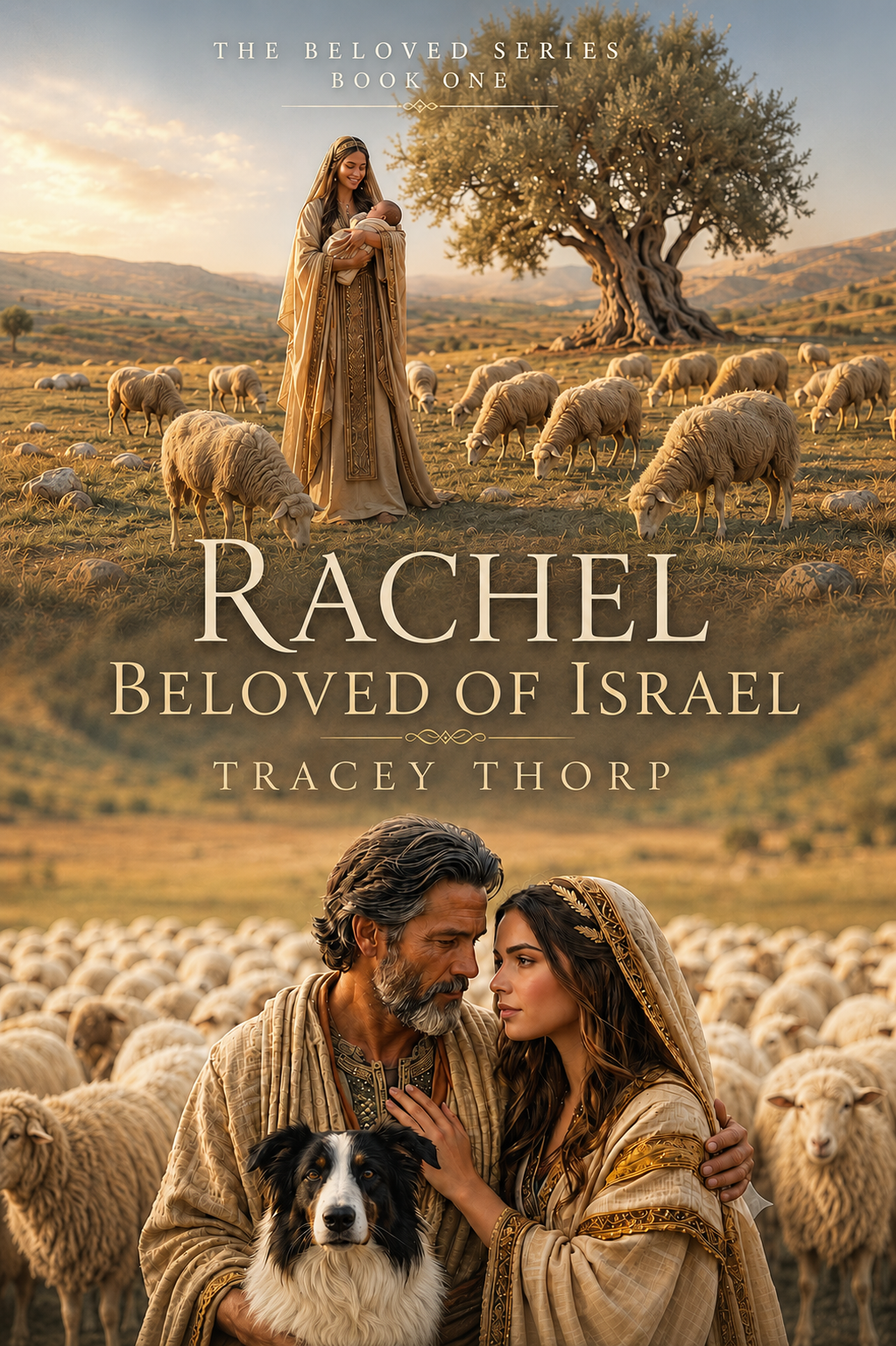 Jacob, Rachel, and their sheepdog along with Rachel holding baby Joseph as a draft cover for Tracey Thorp's novel Rachel Beloved of Israel