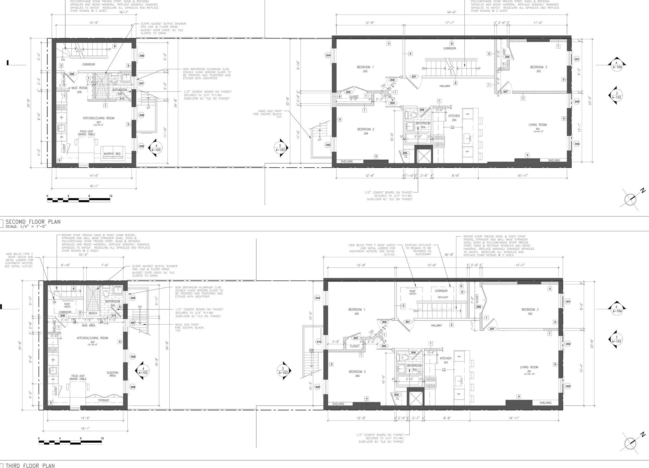Architectural floor plans showing the second and third floors of a historic townhouse.