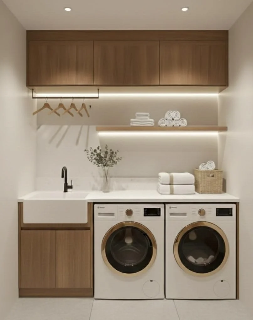 en esta foto se puede apreciar un fregador tipo barn que es muy amplio colocado a la altura de la lavadora y secadora.  Esta configuración permite agregar una barra para colgar ropa encima