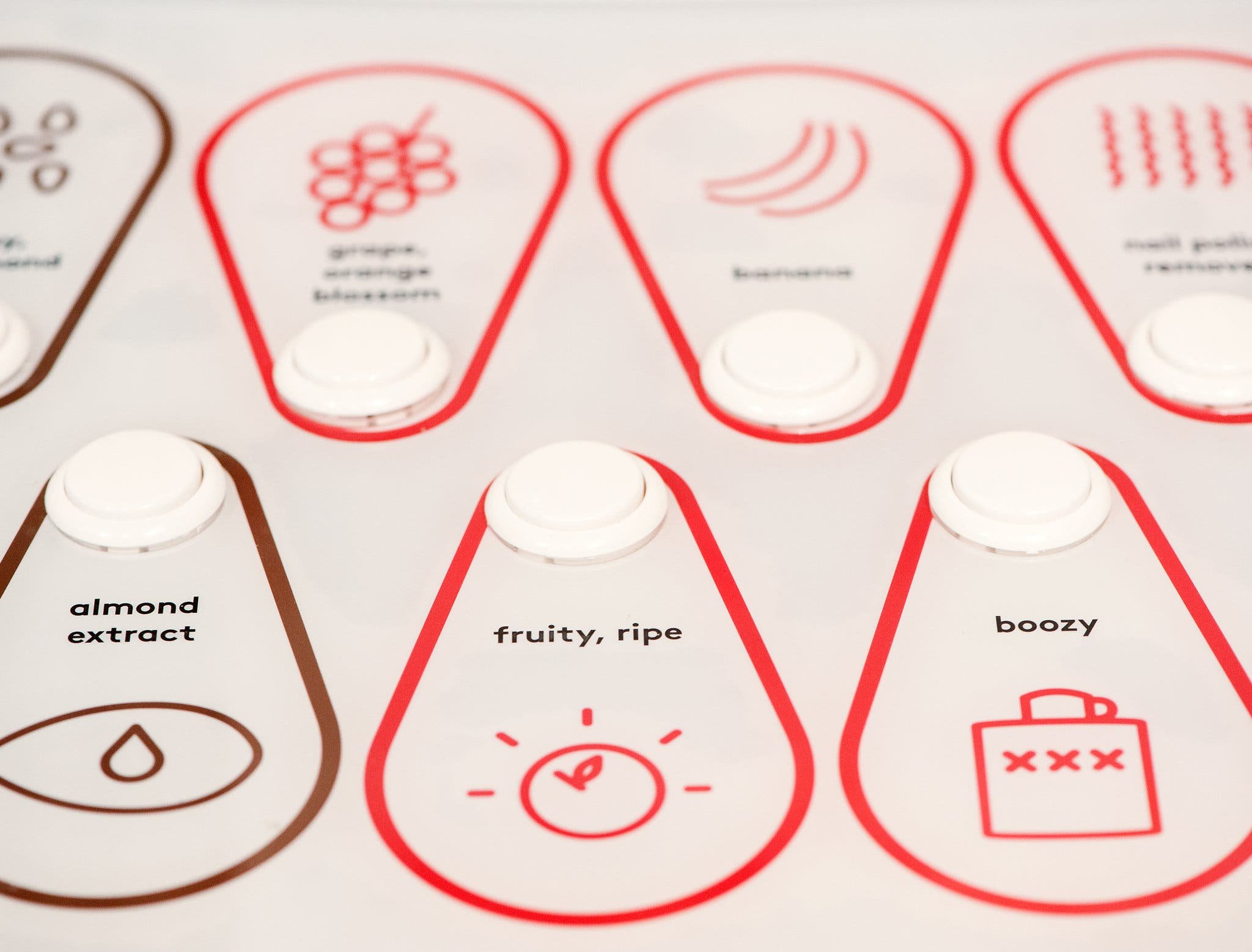 MOFAD Museum of Food and Drink Flavor exhibit Smell Synth buttons designed by Wyeth Hansen and Ryan Dunn of Labour