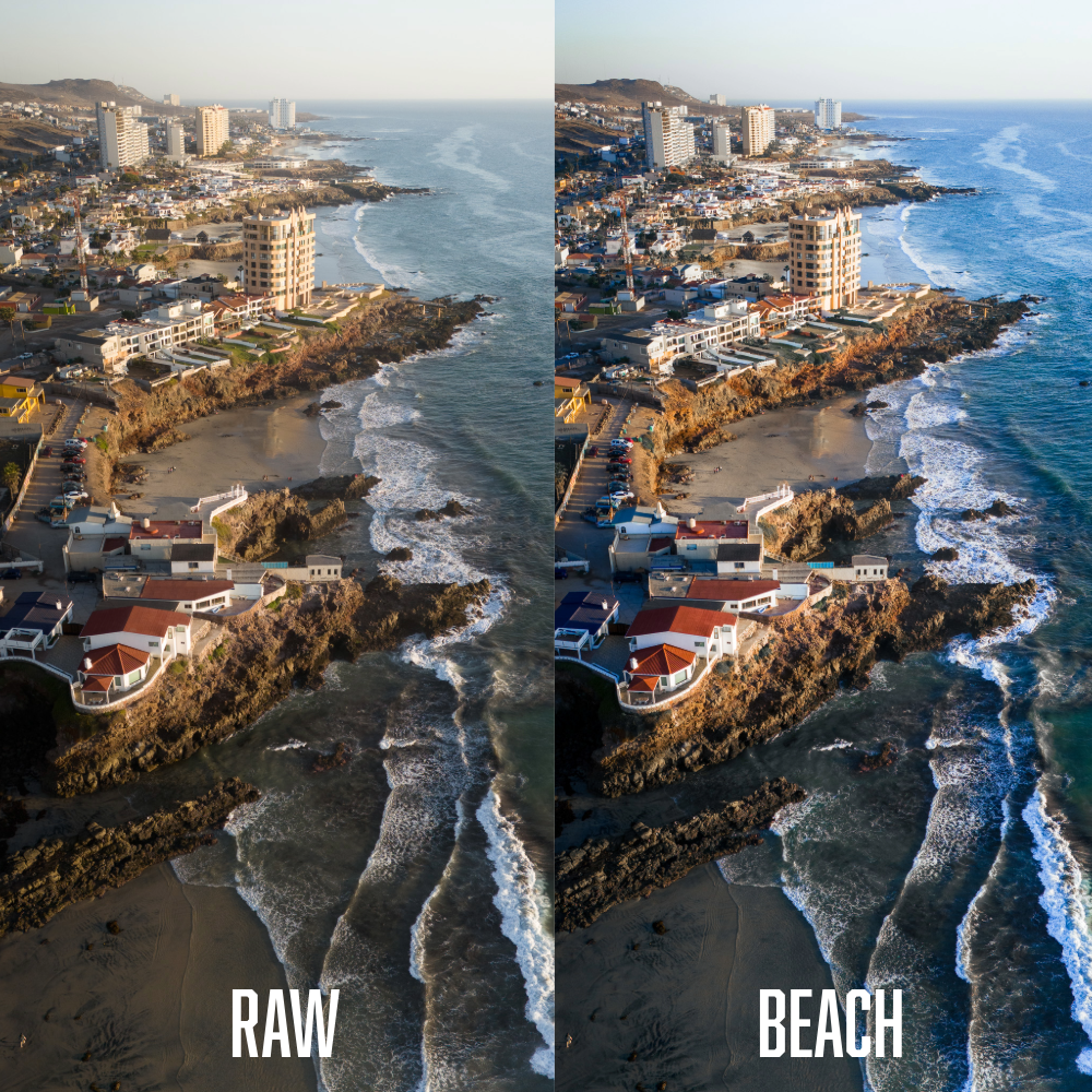 Comparación fotográfica de una costa urbana con edificios, mar y playa, mostrando diferencias en iluminación y color. La imagen a la izquierda está etiquetada como 'RAW' y la de la derecha como 'BEACH'.