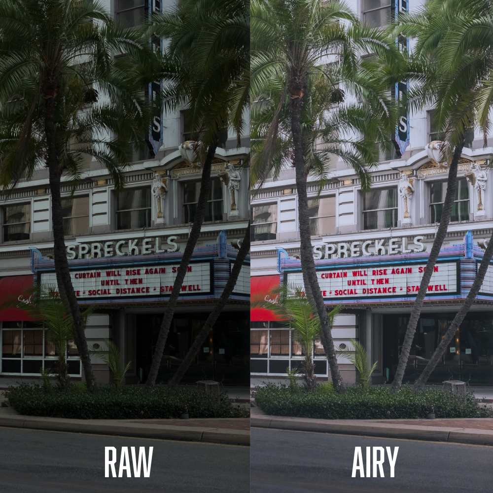 Comparación de una foto de un teatro con diferentes ajustes de color: "RAW" a la izquierda y "AIRY" a la derecha.
