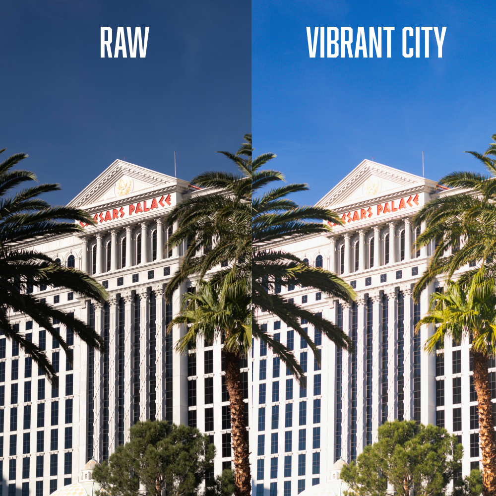 Comparación del edificio del Caesars Palace en Las Vegas, con ajustes de color "RAW" y "Vibrant City", rodeado de palmeras.