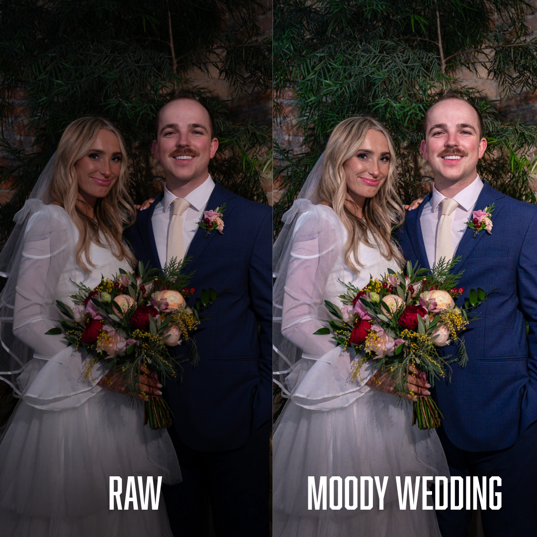 Dos fotos de una pareja en su boda, lado a lado, con comparativa de edición: "RAW" a la izquierda y "Moody Wedding" a la derecha, mostrando diferencias en iluminación y tono.