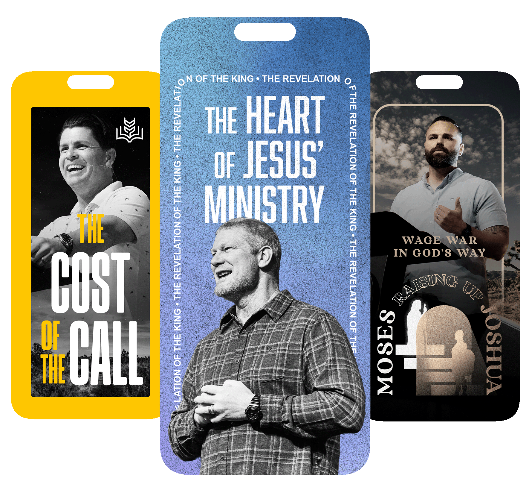 Promotional bookmarks for religious sermons and teachings featuring images of pastors or speakers, with titles like "The Cost of the Call," "The Heart of Jesus' Ministry," and "Wage War in God's Way."