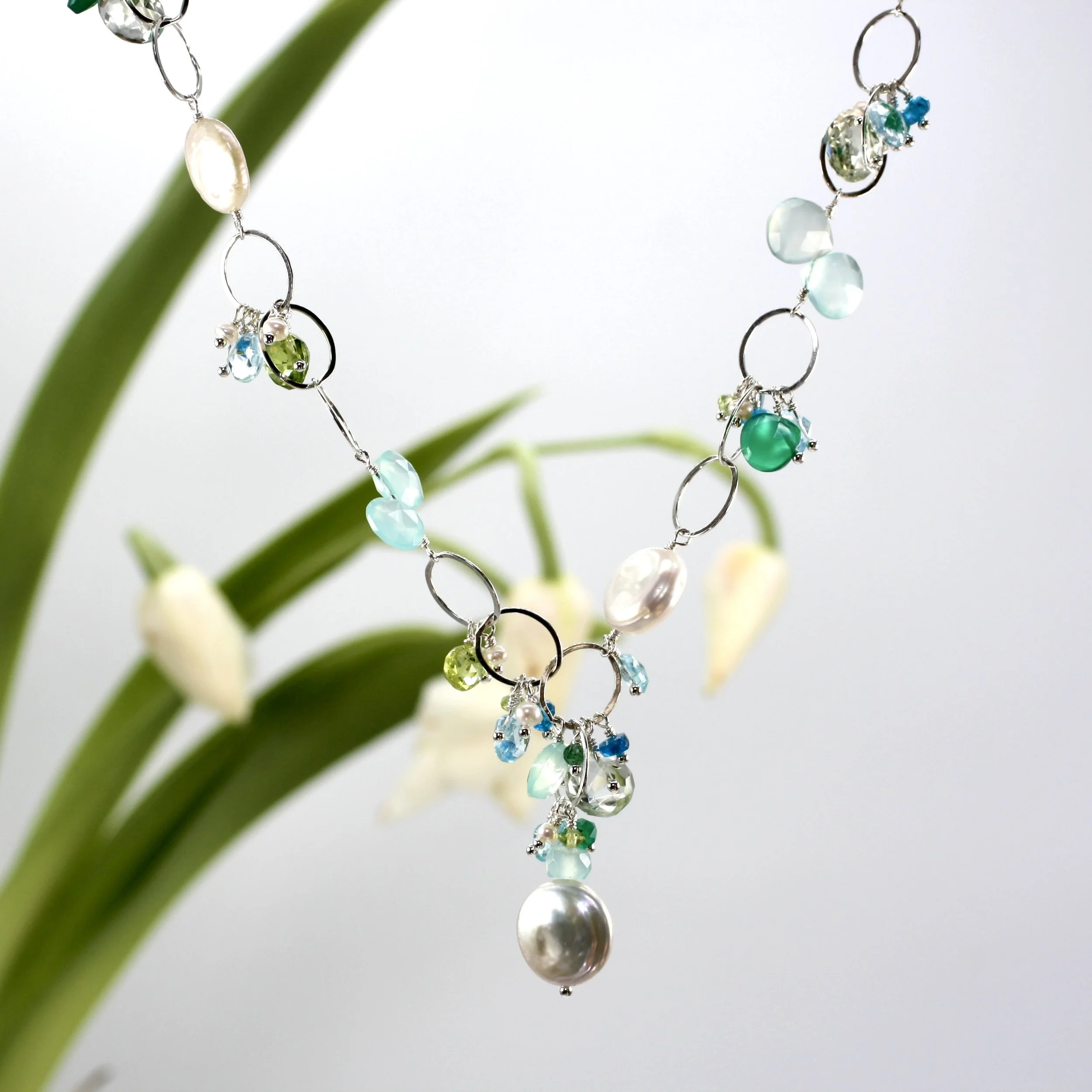 Studio Necklace coin pearls green onyx perdiot apatite hanging.jpeg