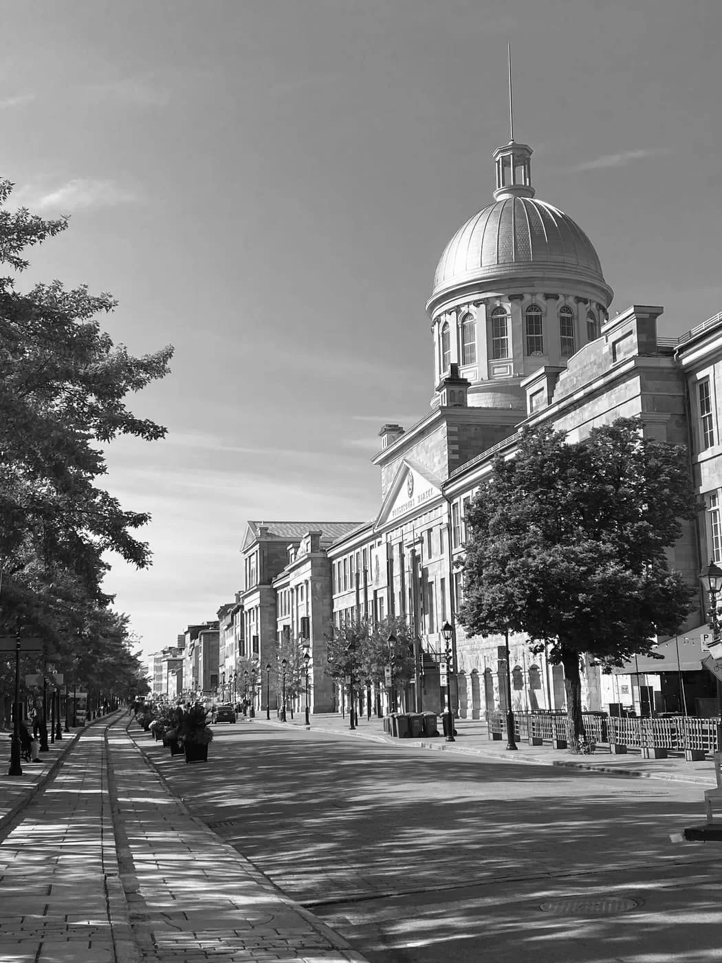 Black and white photo of a city street with a historic building featuring a large domed roof and classical architectural details, lined with trees and lampposts.