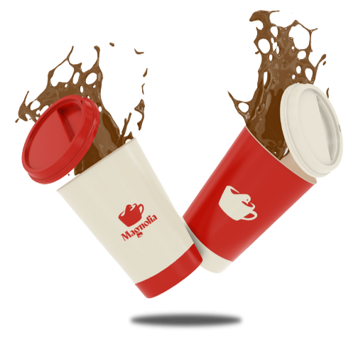 Two coffee cups with lids, one white and one red, both with Magnolia logo and coffee spilling out.