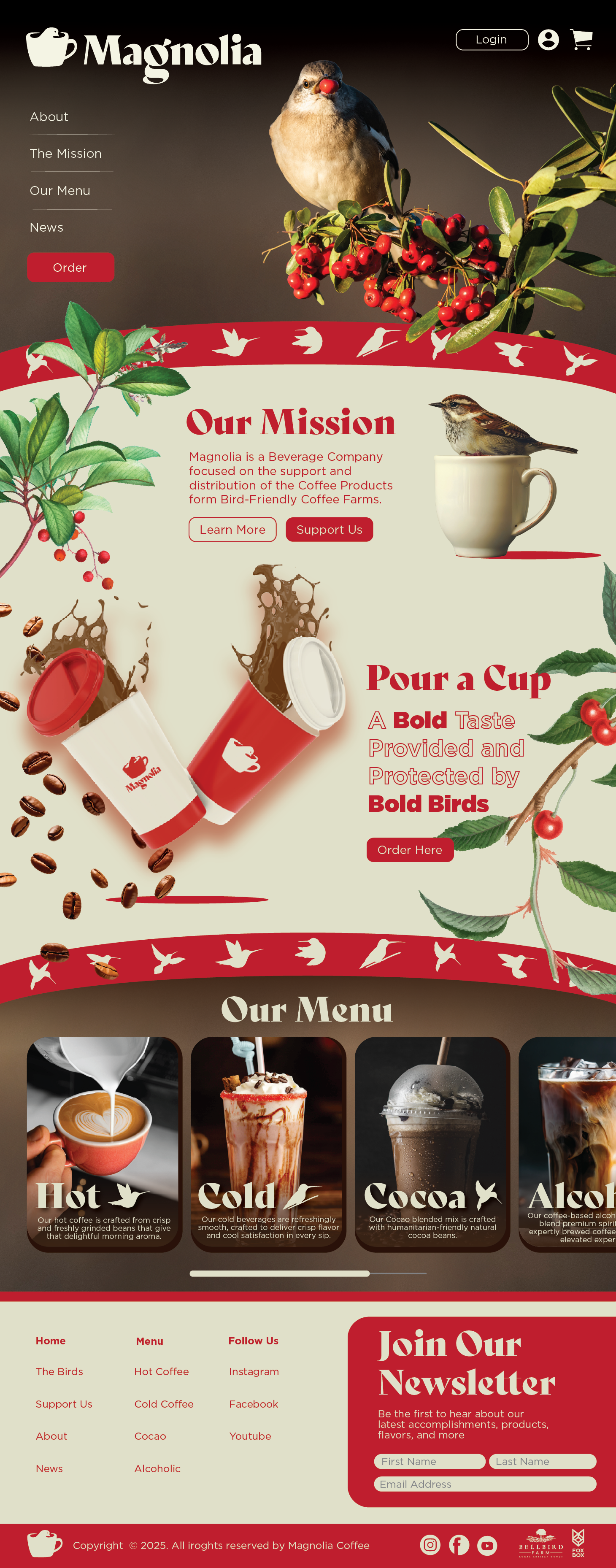 Coffee shop website homepage featuring birds, coffee drinks, and coffee beans, with a red and beige color scheme.