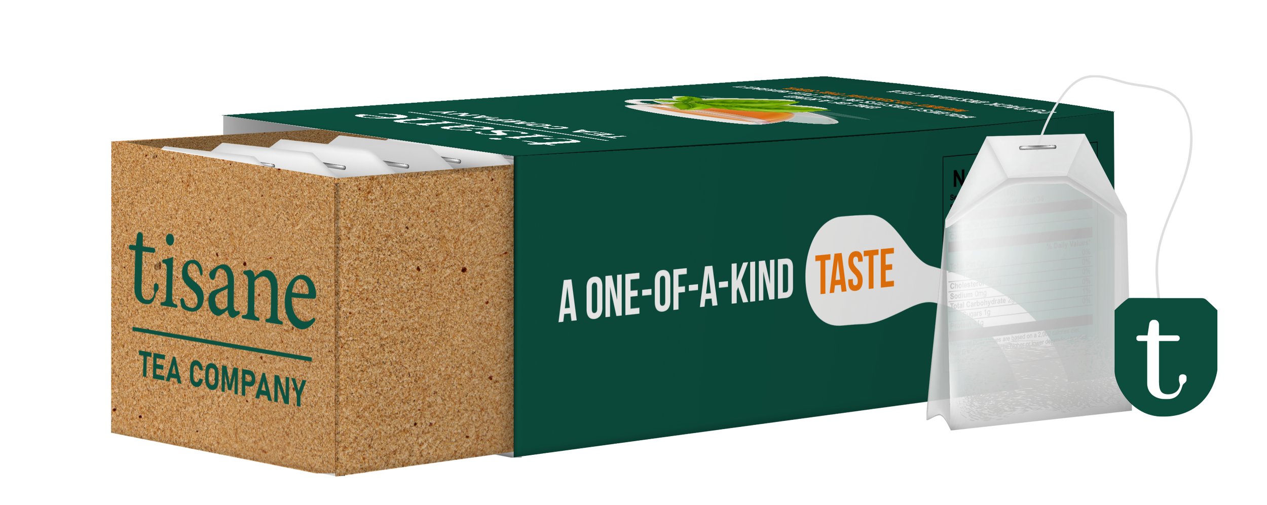 Box of Tisane Tea with a tea bag hanging out.