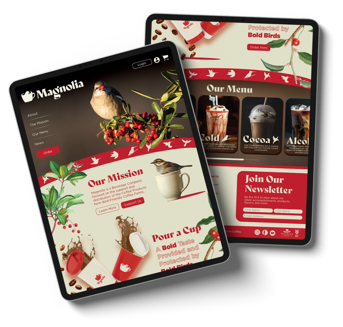 Two tablets displaying a coffee company's website with images of coffee drinks, birds, coffee beans, and red berries, featuring a red, white, and green color scheme.