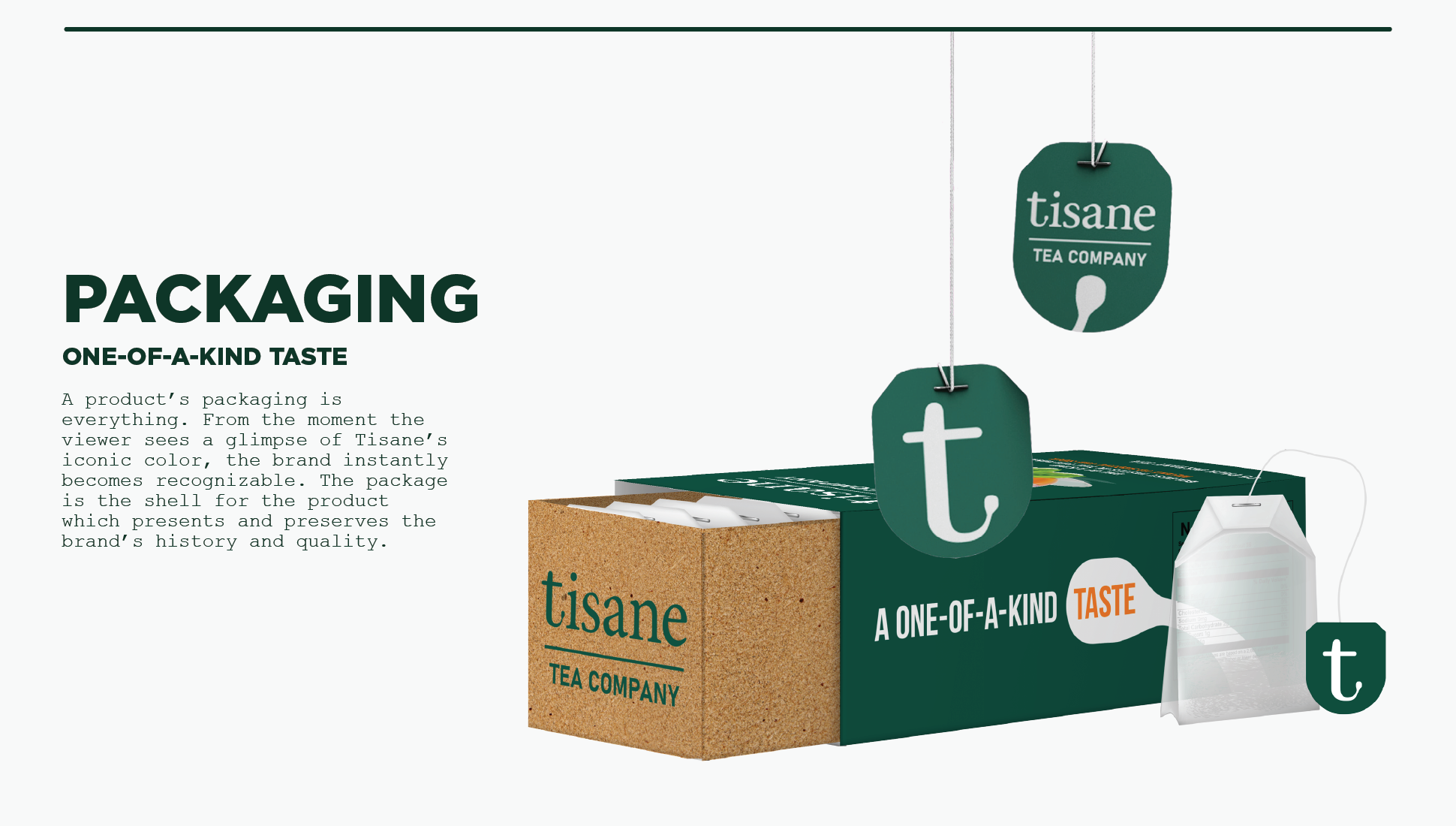 A product packaging display for Tisane Tea Company. The design features a green and brown color scheme with tags hanging from the top, and a cardboard box with the company's logo. The packaging emphasizes a unique taste and brand recognition.