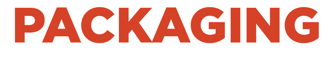 Text reading 'PACKAGING' in bold, red letters on a black background.