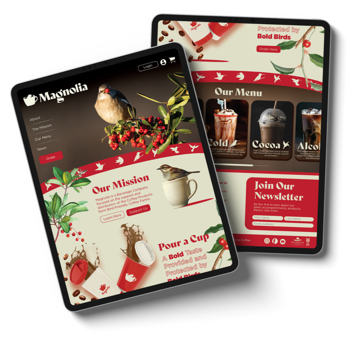 Two tablets displaying a coffee company website, featuring images of coffee drinks, a bird, and coffee plants, with text about the company's mission and menu.