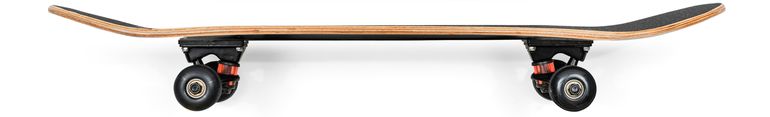 Side view of a skateboard showing black wheels, trucks, and the wooden deck with grip tape on top.