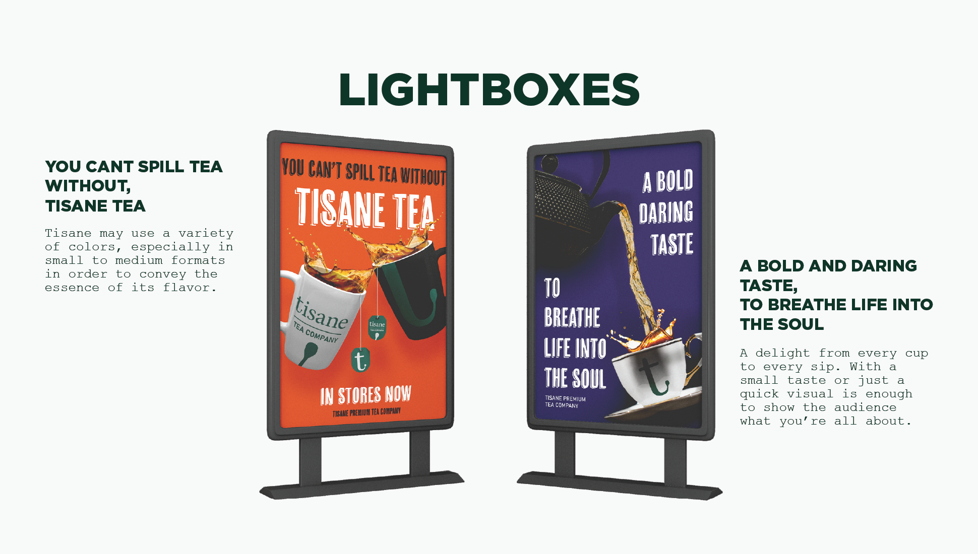 Display of two lightboxes advertising Tisane tea, with text describing the tea's flavor and experience, and images of teacups pouring tea.