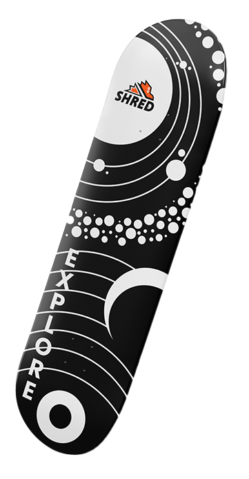 A skateboard deck with a black and white space-themed design, featuring planets, stars, and the words "Shred" and "Explore."