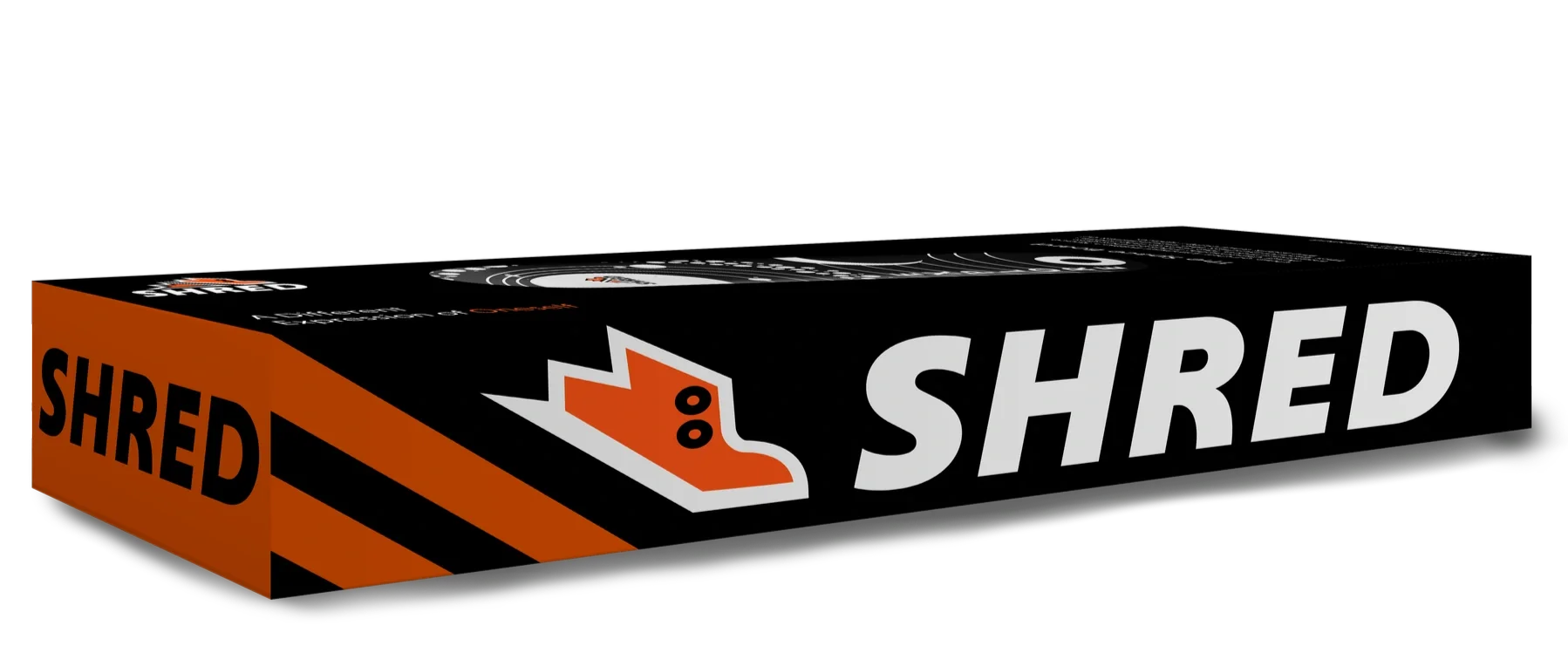 Box of Shred brand shoe polish with a black background, orange and white design, and a sneaker logo.