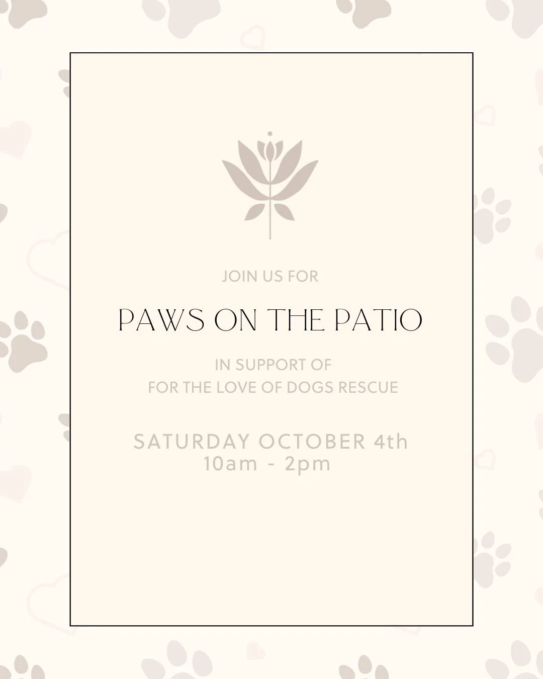 We are so excited to be hosting Paws on the Patio on Saturday, October 4th, from 10 am - 2 pm in support of For the Love of Dogs Rescue Ottawa!

🐾 Bring your floofer for a $10 nail trim
🐾 Fall-themed mini photo sessions $60
🐾 Sixty Acres farm with
