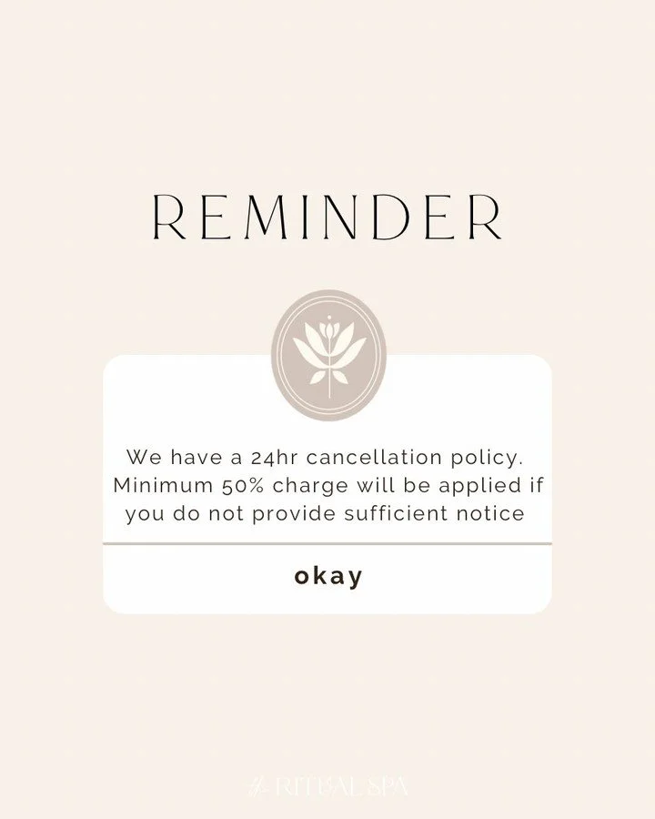 A friendly reminder!

Please provide 24 hours&rsquo; notice if you need to cancel or reschedule your appointment.

This small courtesy allows us to accommodate all our guests and keep our spa running smoothly. 

Thank you for your understanding!