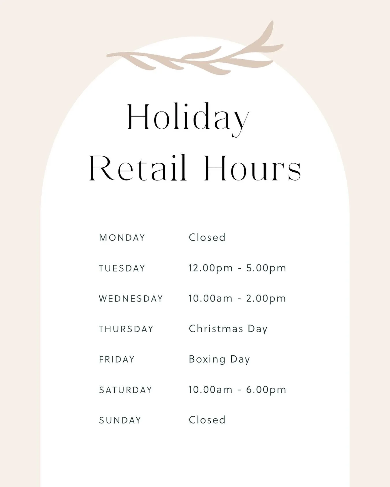 🎁 Holiday Hours 🎁

It&rsquo;s hard to believe it&rsquo;s only 10 more sleeps until Christmas morning!

We will be open this week for retail from 3-7 on Wednesday and Thursday, and 10-1 on Saturday.  For the week of Christmas we will be open extra f
