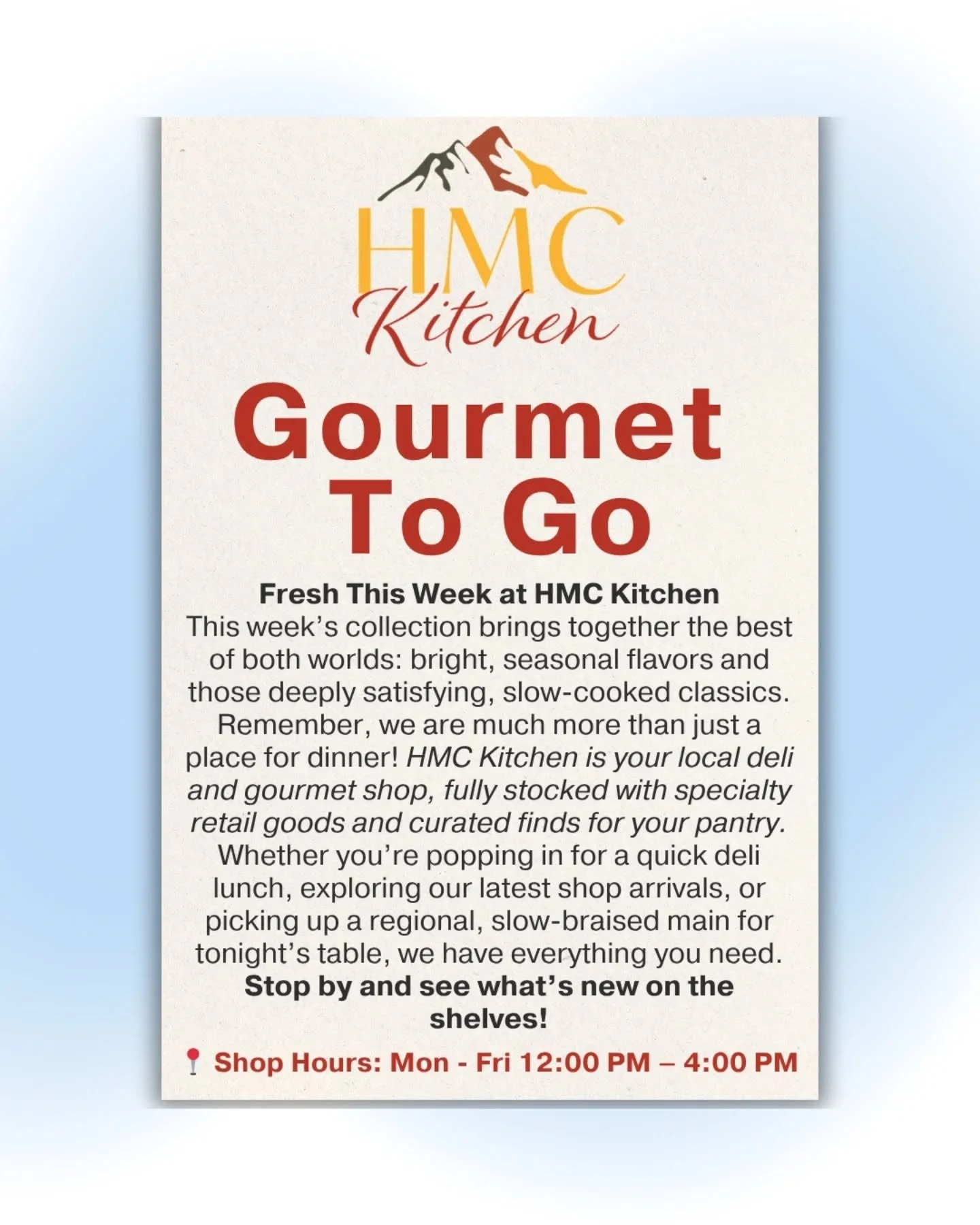 This week at HMC Kitchen, we&rsquo;re balancing bright, seasonal notes with those deep, slow-cooked regional classics you love.

Whether you&rsquo;re grabbing a fresh sandwich from the deli, hunting for a unique find in our gourmet shop, or picking u