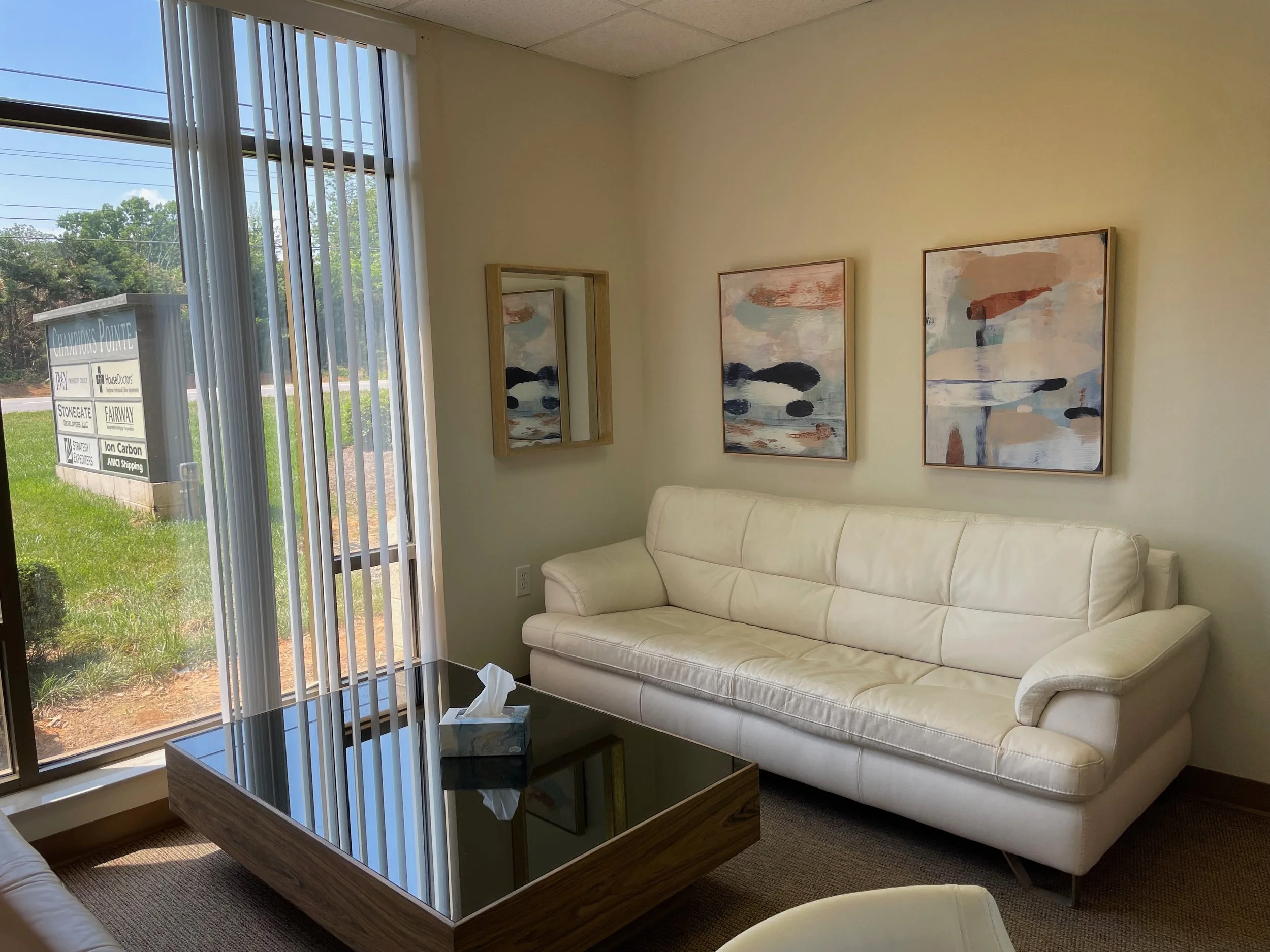 A waiting room with a white sofa, a glass-top coffee table with tissues, and three abstract paintings on a beige wall. A mirror is on the wall beside a large window with vertical blinds, showing outdoor greenery and a sign with business names.