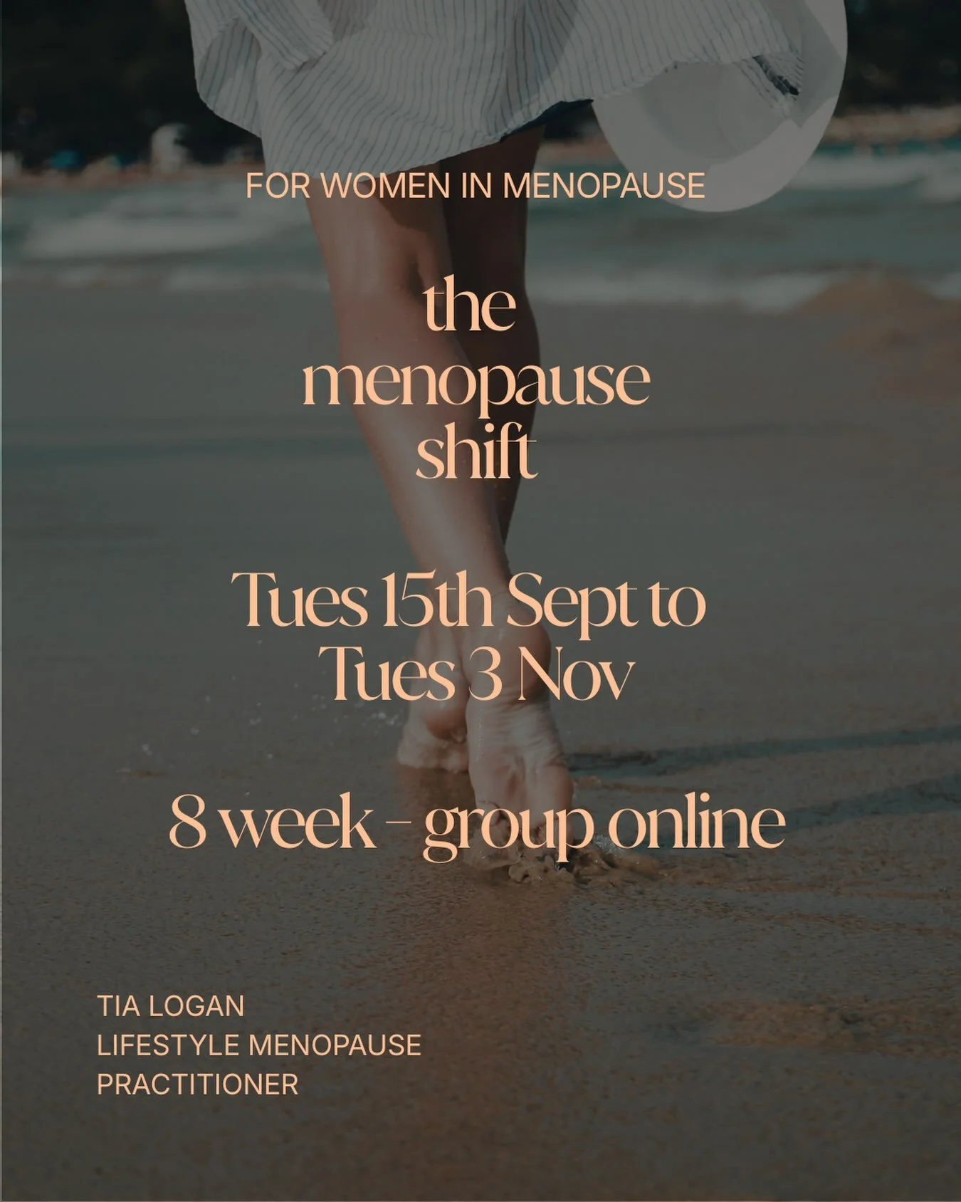 The Menopause Shift - 8 weeks,  each Tuesday from 7pm to 8pm,  Tues 15 Sept to Tues 3 Nov. Each session,  1hr.

I&rsquo;m excited to share The Menopause Shift - online group,  up until now I&rsquo;ve have been coaching women 1:1 with this course and 