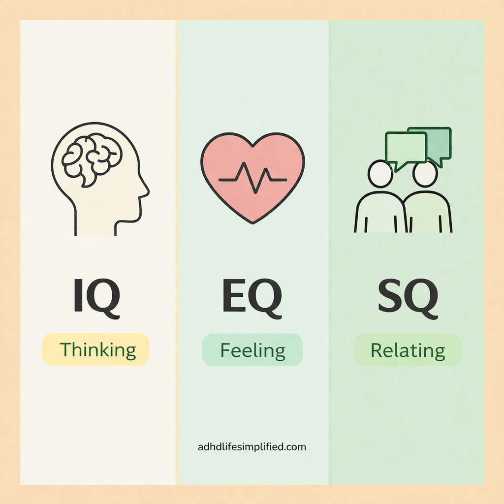 Simplified image explaining that IQ is about thinking, EQ is about feeling, and SQ is about relating to others
