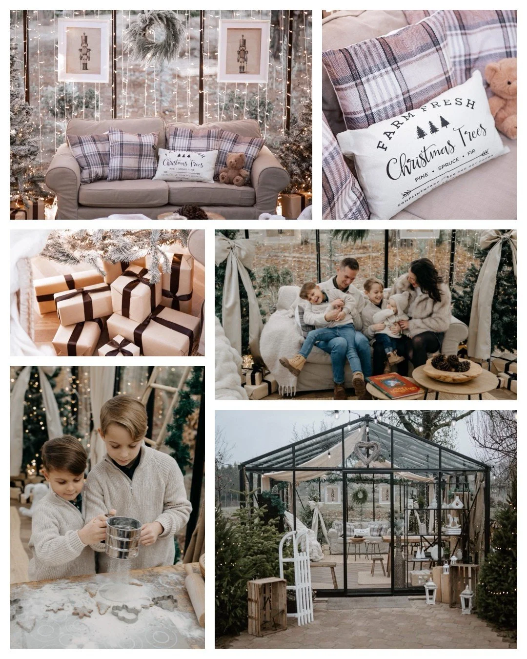 A cozy Christmas scene with holiday decorations, gift boxes, a family sitting on a sofa, children baking cookies, and a decorated glass greenhouse outdoor.