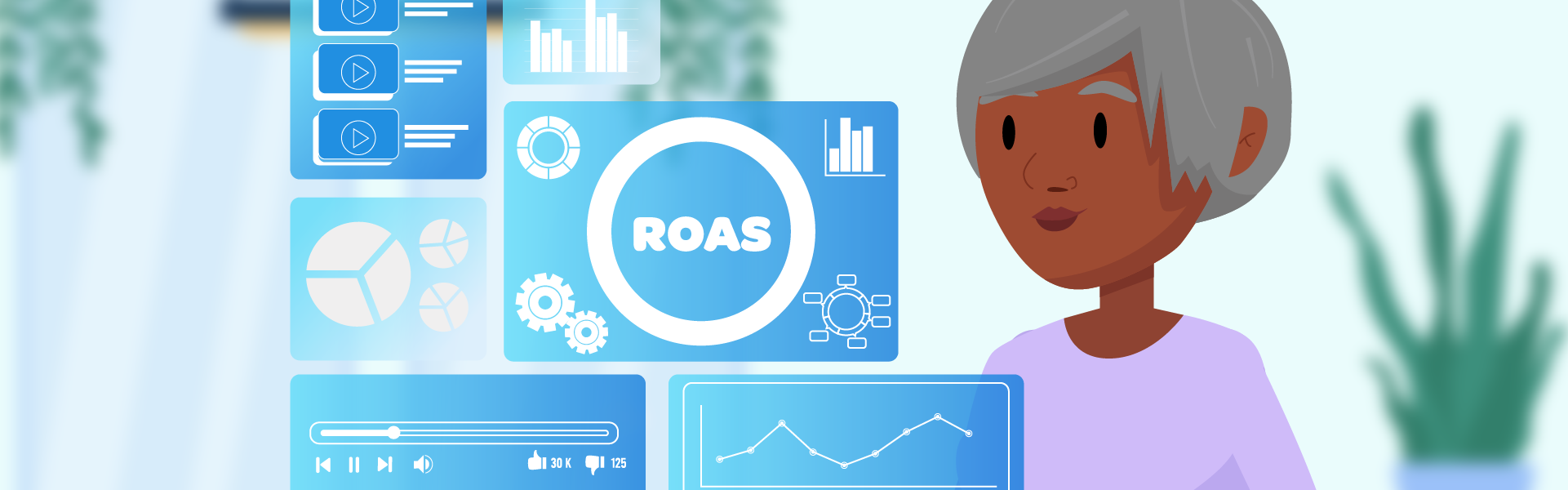 Character looking at HUD display graphics. Multiple charts and ROAS