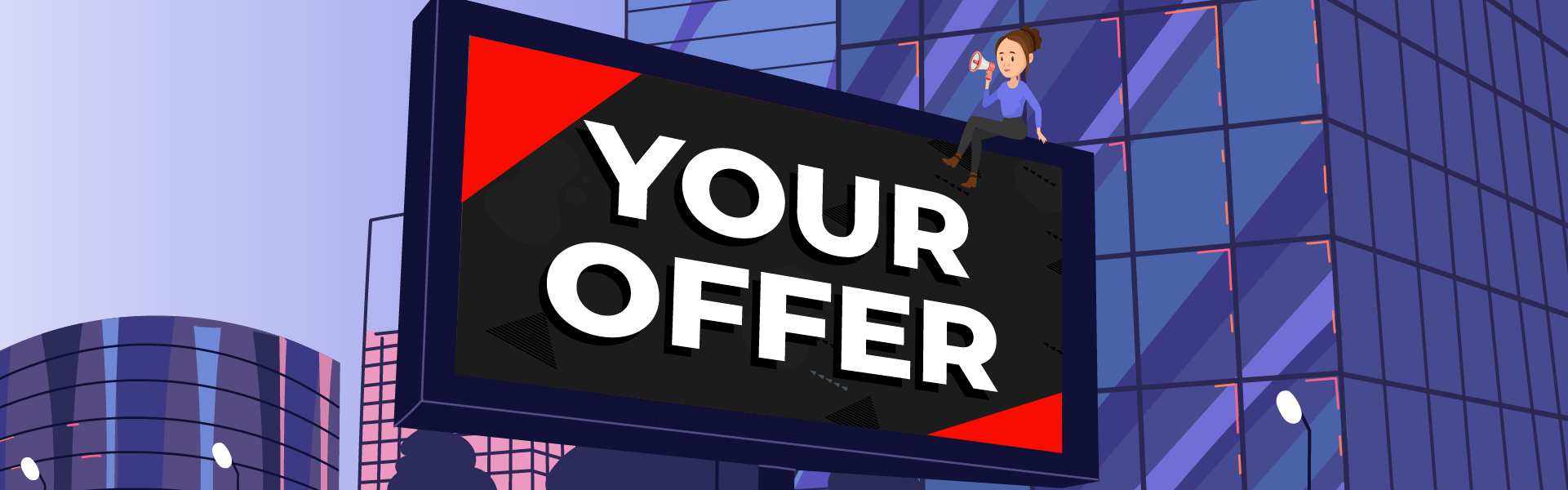 Extract from explainer video showing character sat on a billboard titled 'Your Offer'