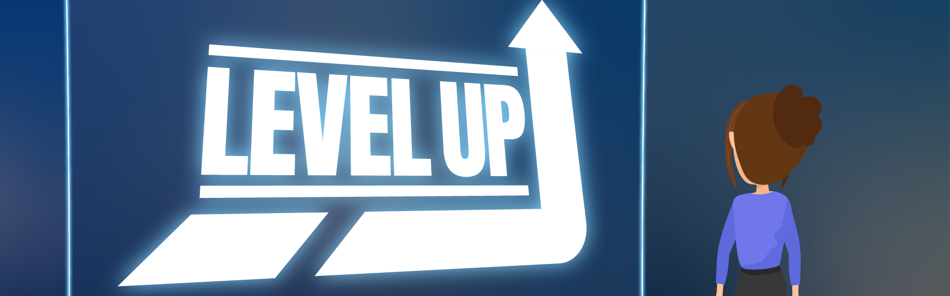 Illustrated character looking at a 'Level Up' graphic