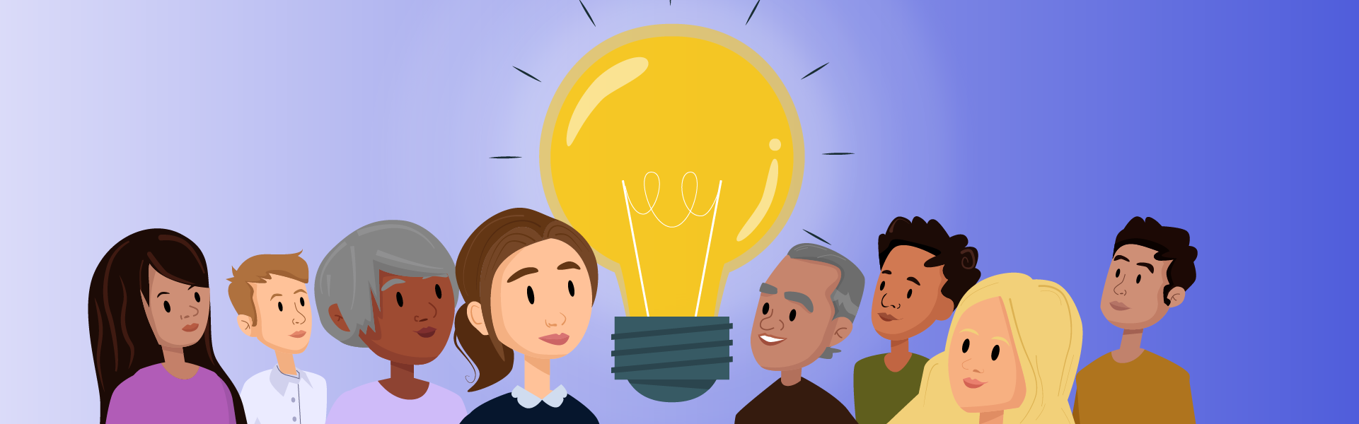 Illustration showing a diverse set of characters looking at a bright lightbulb