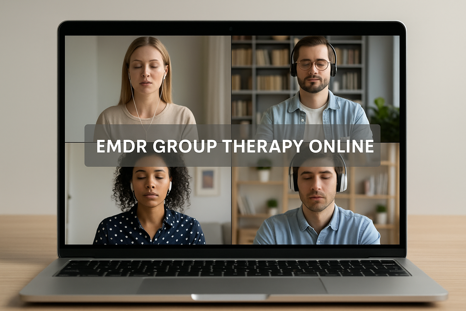 Laptop screen showing four people in a video call for EMDR group therapy online, with a text overlay.