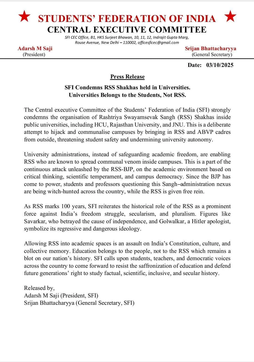 SFI Condemns RSS Shakhas held in Universities, Universities Belong to the Students, Not RSS