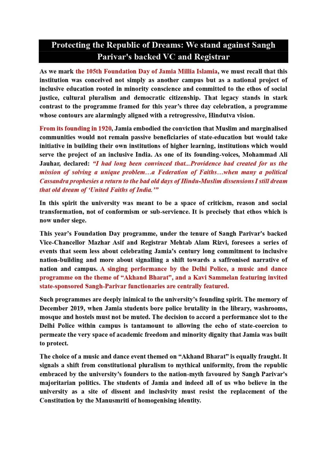 Protecting the Republic of Dreams: We Stand Against Sangh Parivar’s Backed VC and Registrar